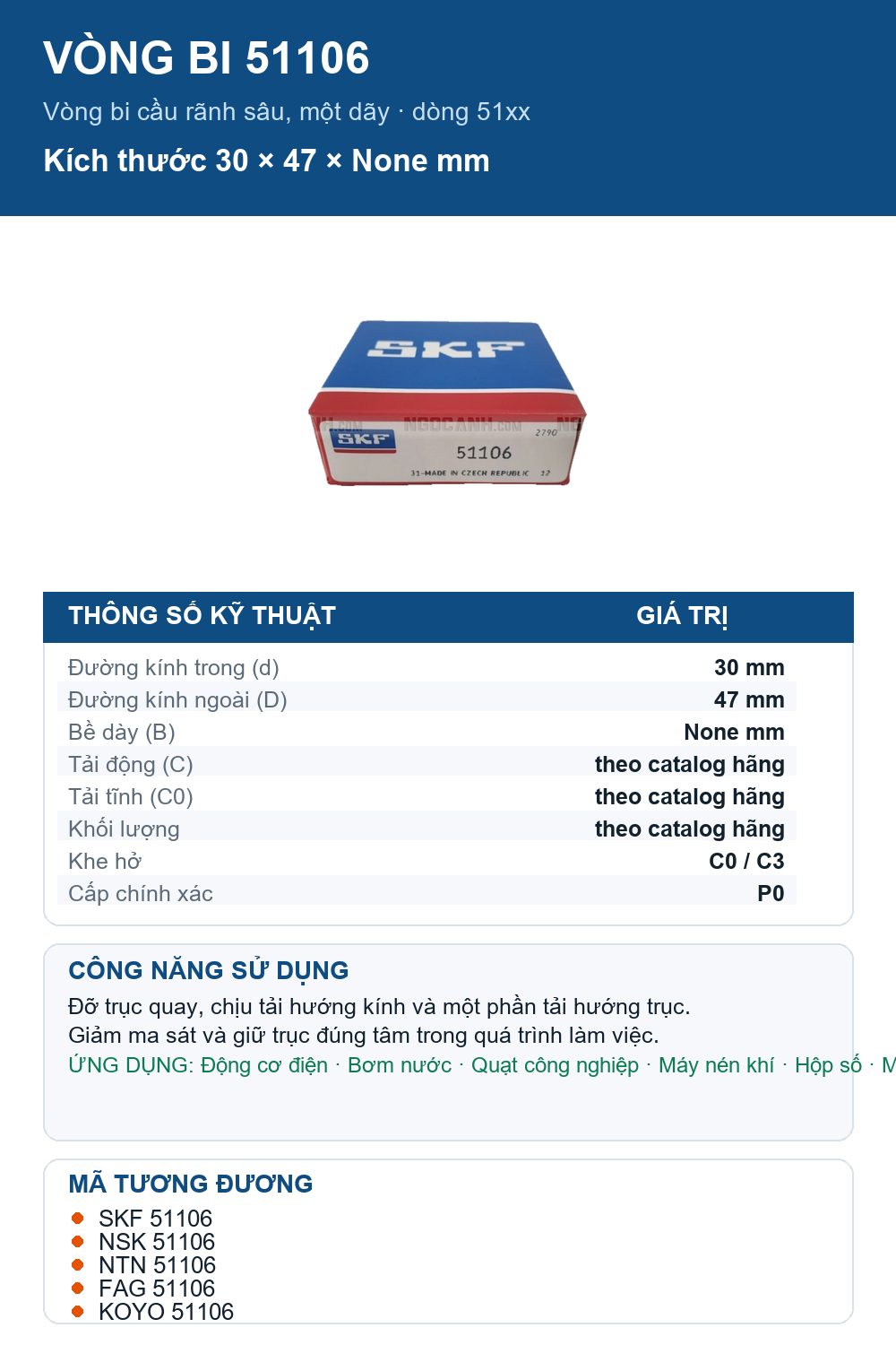 Vòng bi SKF 51106 30x47mm — Ảnh thông số (Pinterest)
