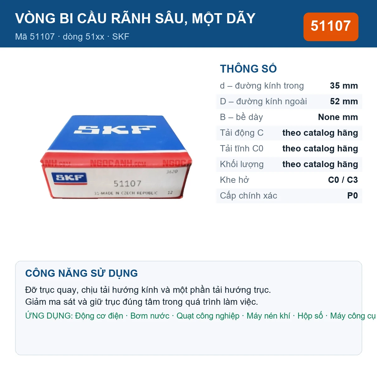 Vòng bi SKF 51107 — kích thước 35x52mm