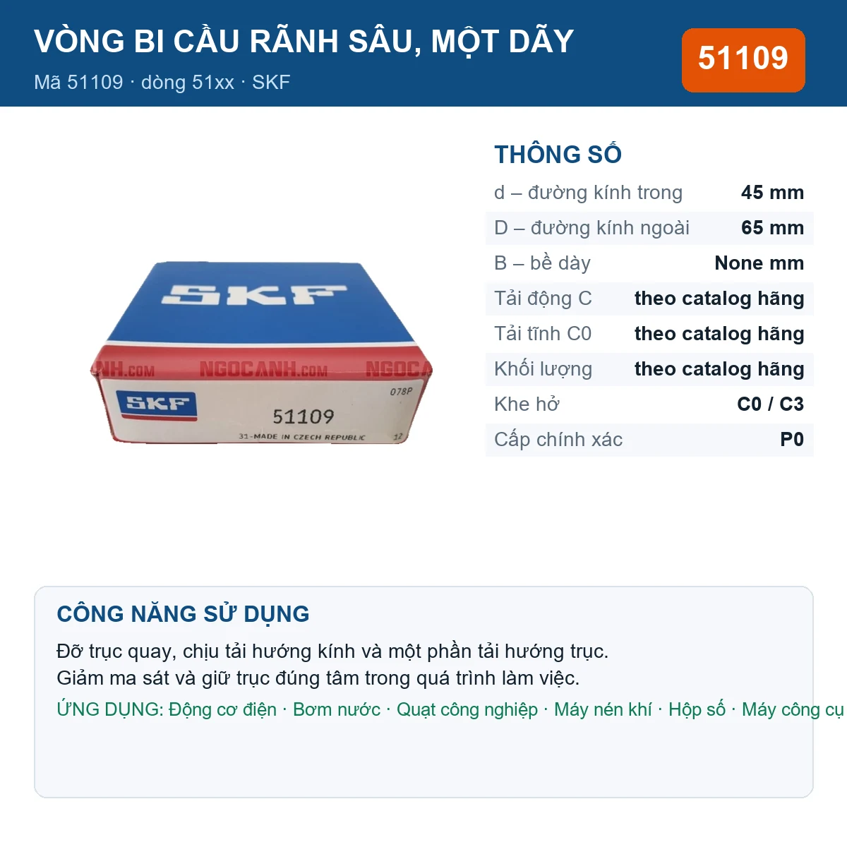 Vòng bi SKF 51109 — kích thước 45x65mm