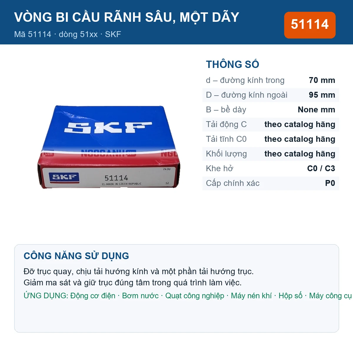 Vòng bi SKF 51114 70x95mm — Ảnh đăng sản phẩm (web)