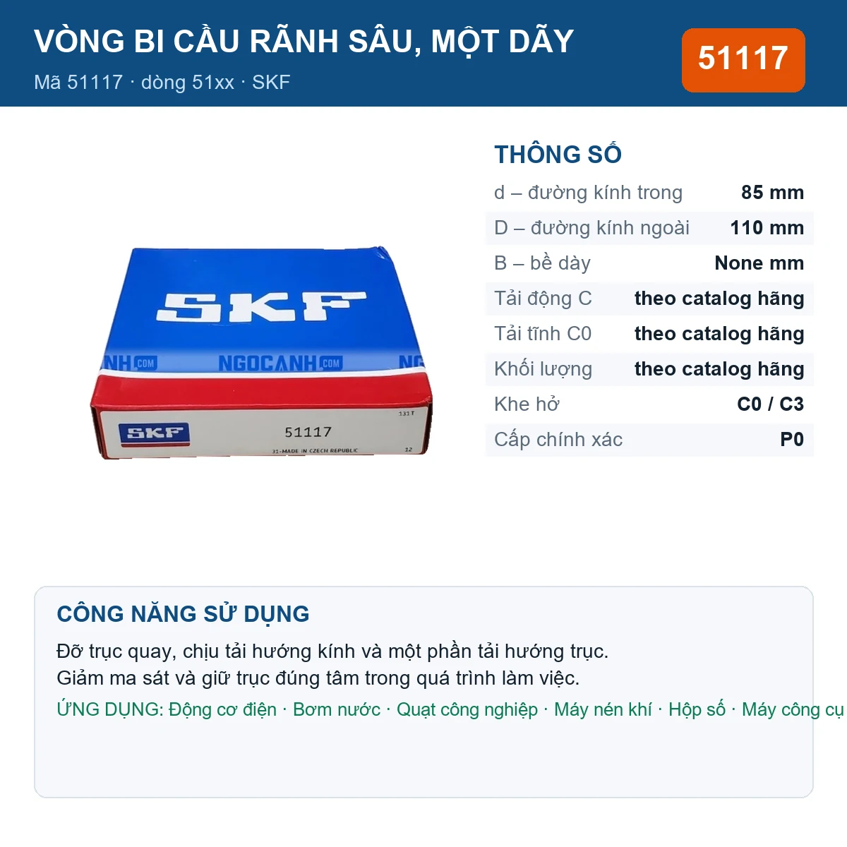 Vòng bi SKF 51117 — kích thước 85x110mm