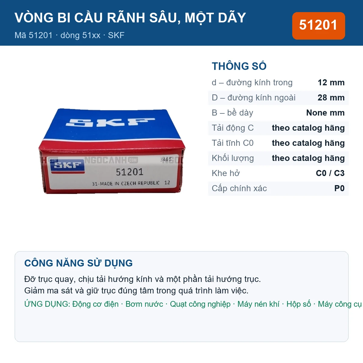 Vòng bi SKF 51201 12x28mm — Ảnh đăng sản phẩm (web)