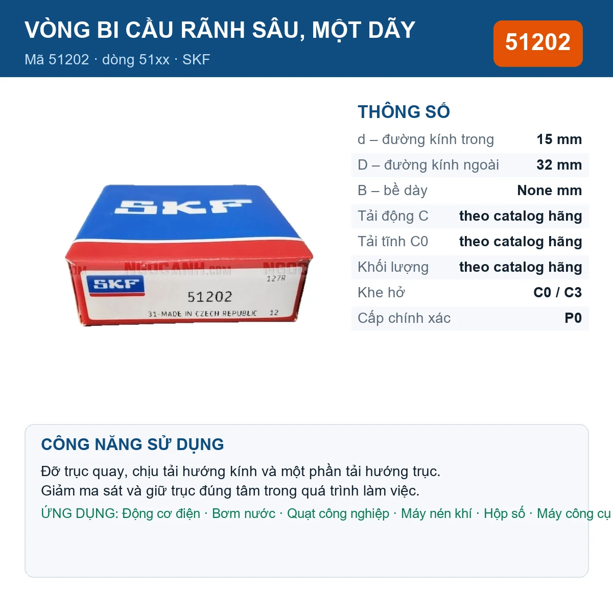 Vòng bi SKF 51202 15x32mm — Ảnh đăng sản phẩm (web)