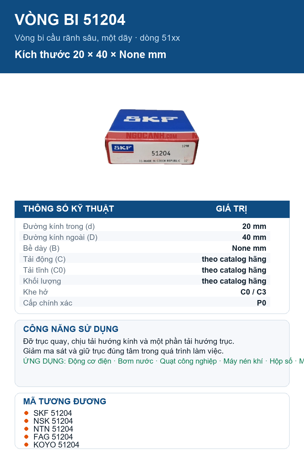 Vòng bi SKF 51204 20x40mm — Ảnh thông số (Pinterest)