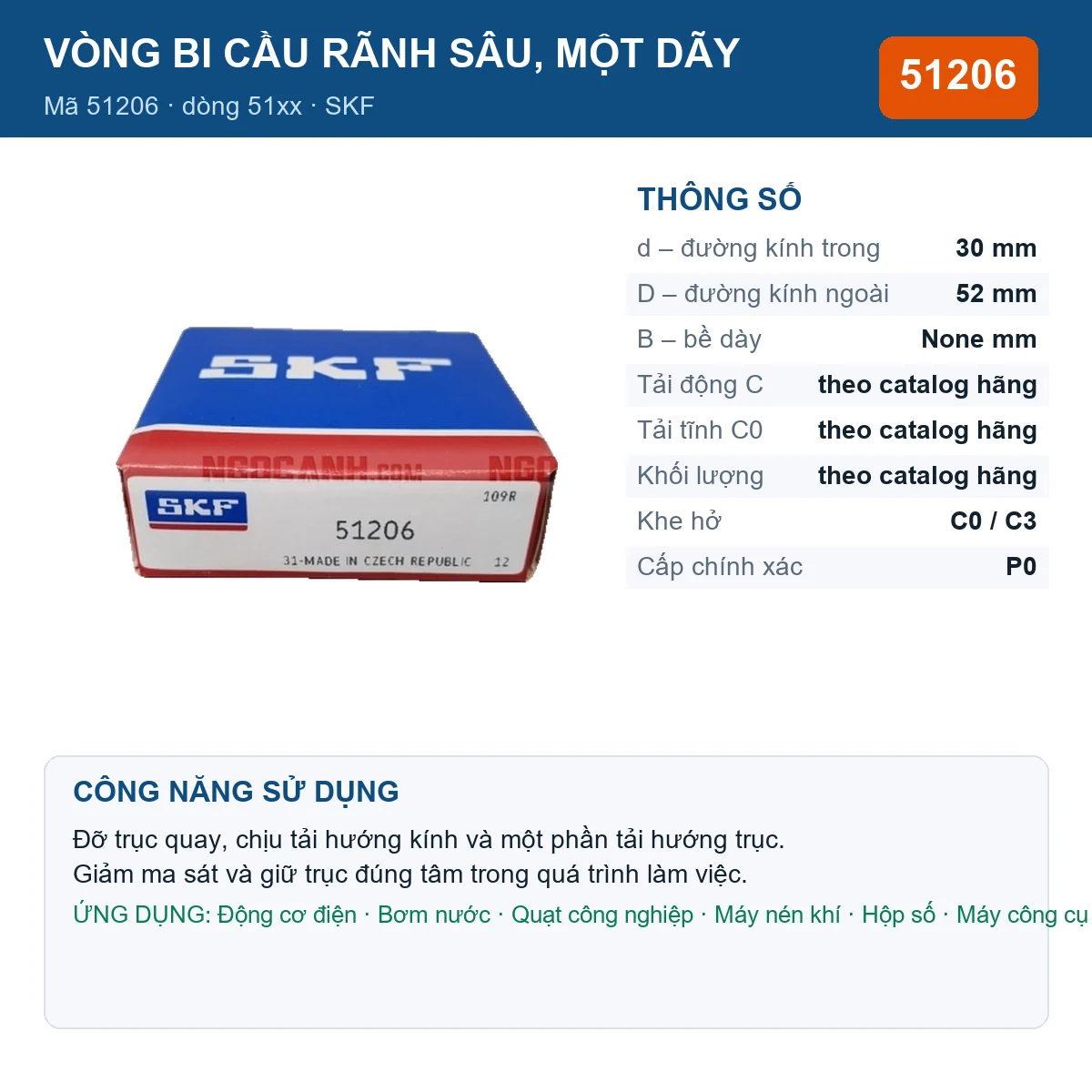 Vòng bi SKF 51206 30x52mm — Ảnh đăng sản phẩm (web)