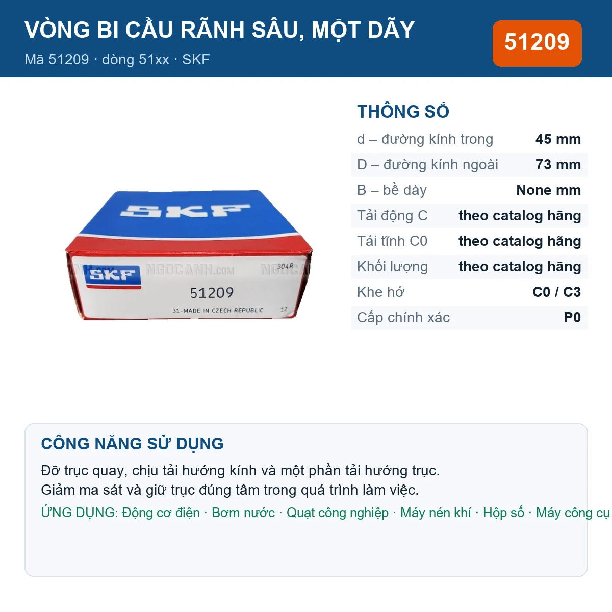 Vòng bi SKF 51209 45x73mm — Ảnh đăng sản phẩm (web)
