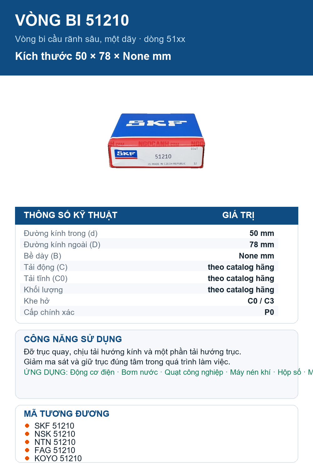 Vòng bi SKF 51210 50x78mm — Ảnh thông số (Pinterest)