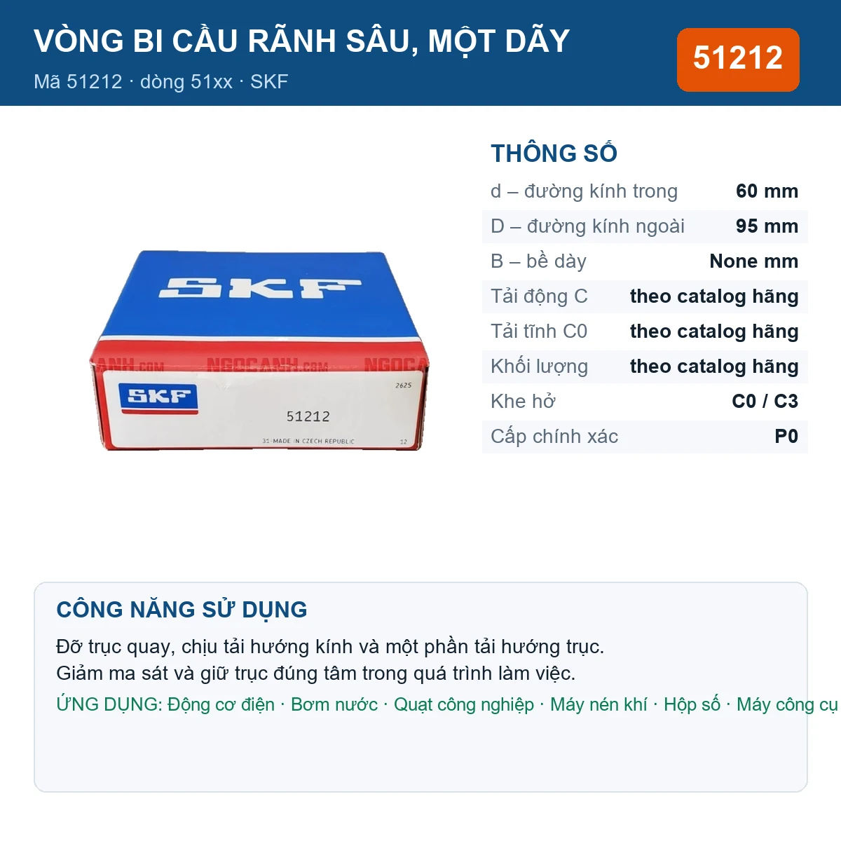 Vòng bi SKF 51212 — kích thước 60x95mm