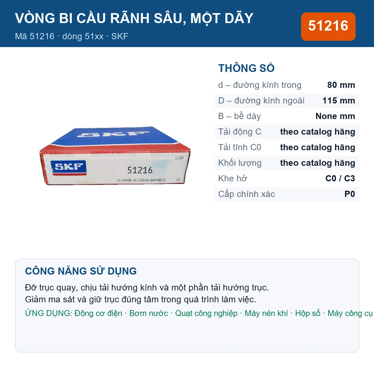Vòng bi SKF 51216 80x115mm — Ảnh đăng sản phẩm (web)