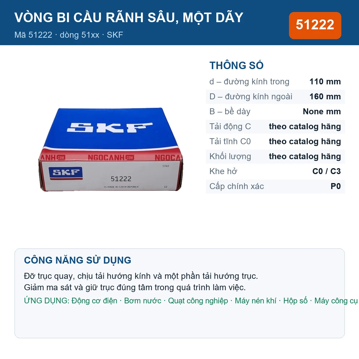 Vòng bi SKF 51222 110x160mm — Ảnh đăng sản phẩm (web)