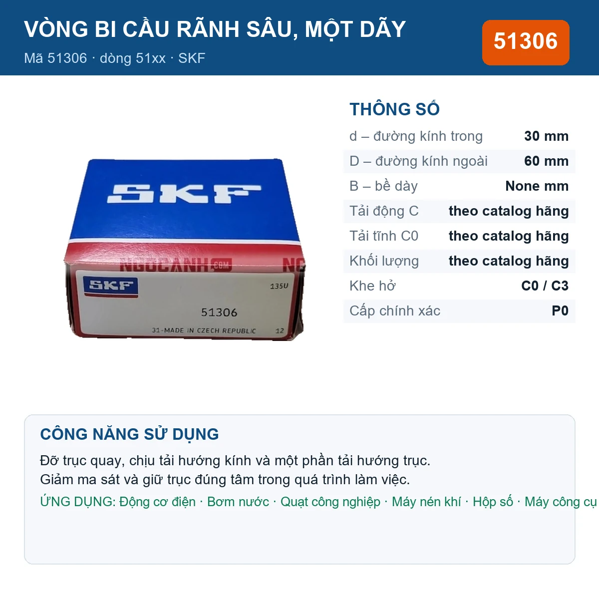 Vòng bi SKF 51306 — kích thước 30x60mm