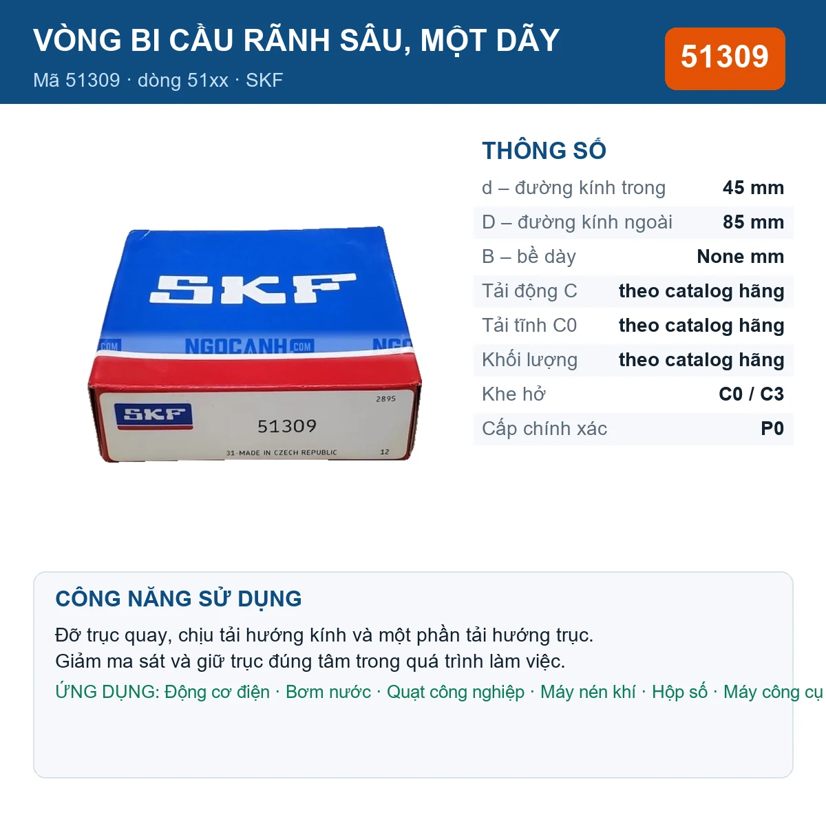 Vòng bi SKF 51309 — kích thước 45x85mm