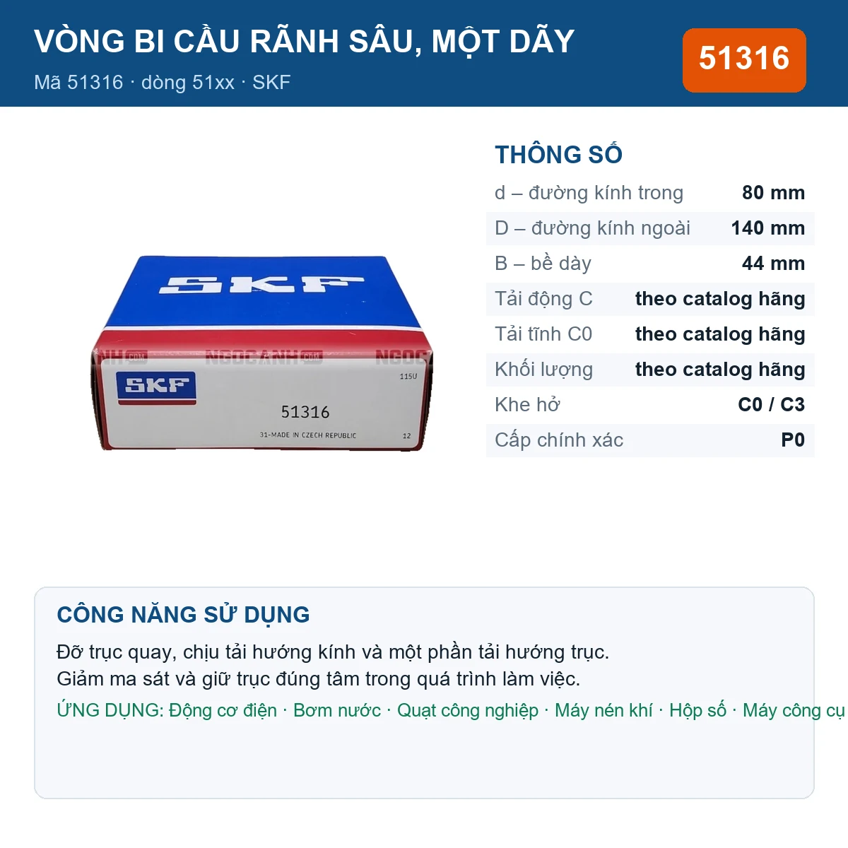 Vòng bi SKF 51316 80x140x44mm — Ảnh đăng sản phẩm (web)