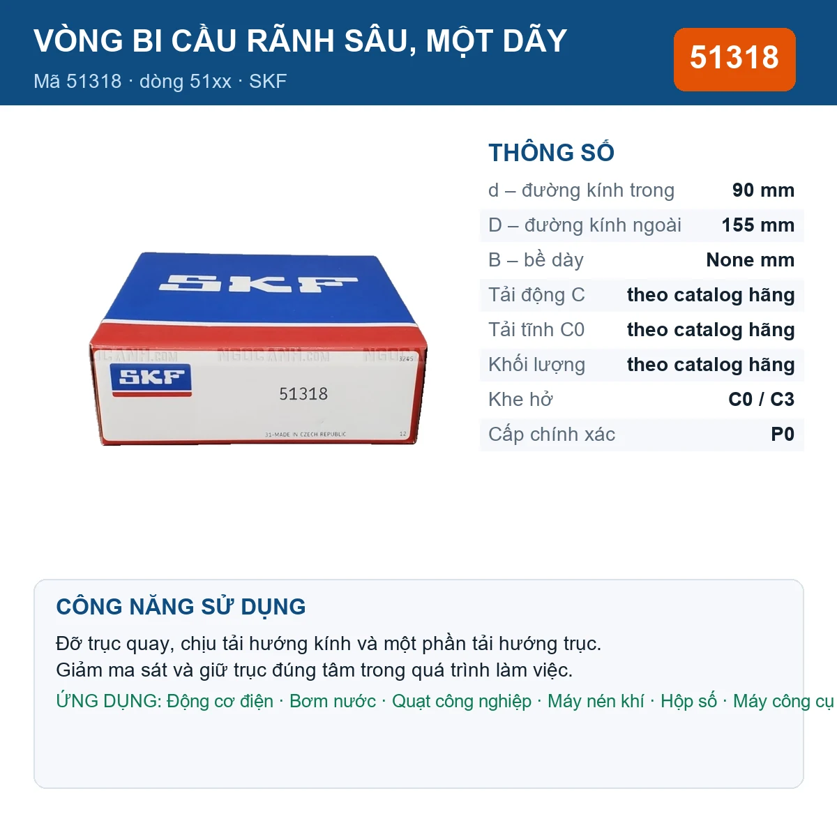 Vòng bi SKF 51318 — kích thước 90x155mm