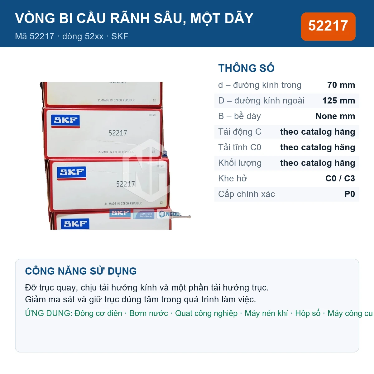 Vòng bi SKF 52217 70x125mm — Ảnh đăng sản phẩm (web)