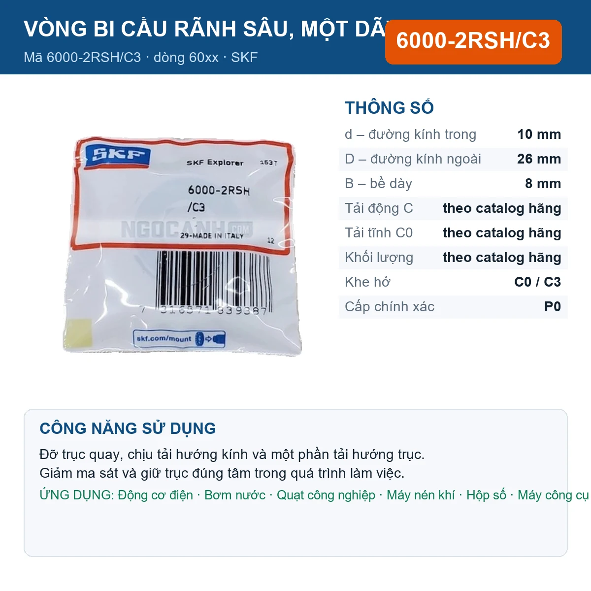 Vòng bi SKF 6000-2RSH/C3 — kích thước 10x26x8mm
