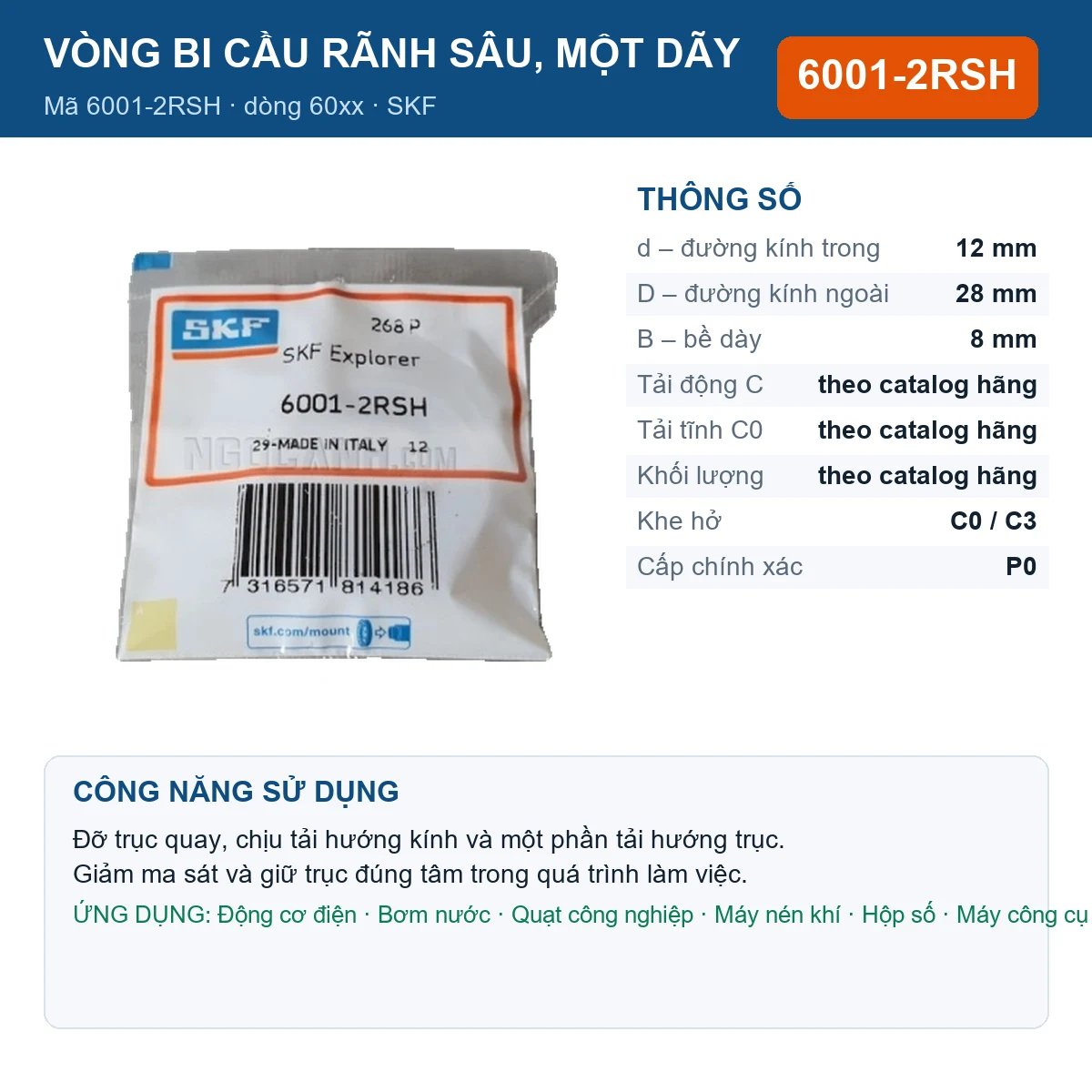 Vòng bi SKF 6001-2RSH — kích thước 12x28x8mm