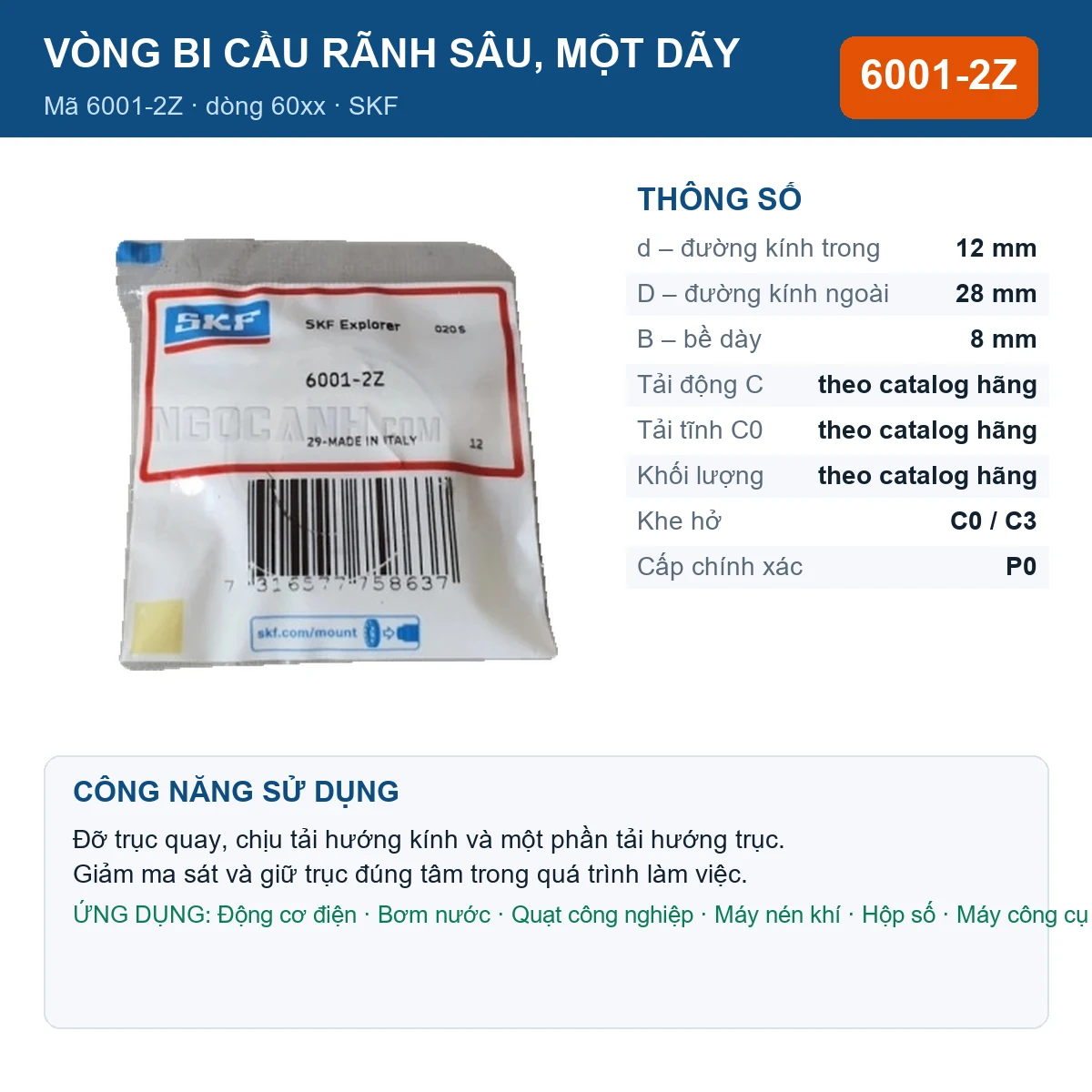 Vòng bi SKF 6001-2Z — kích thước 12x28x8mm