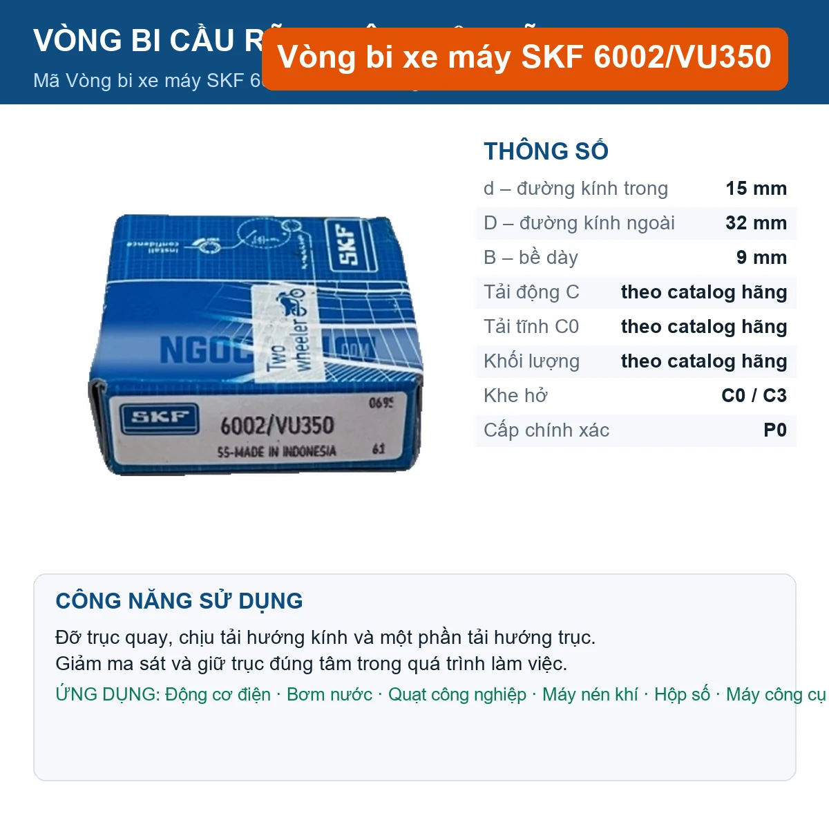 Vòng bi SKF 6002/VU350 15x32x9mm — Ảnh đăng sản phẩm (web)