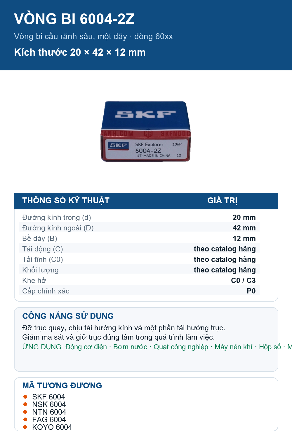 Vòng bi SKF 6004-2Z 20x42x12mm — Ảnh thông số (Pinterest)