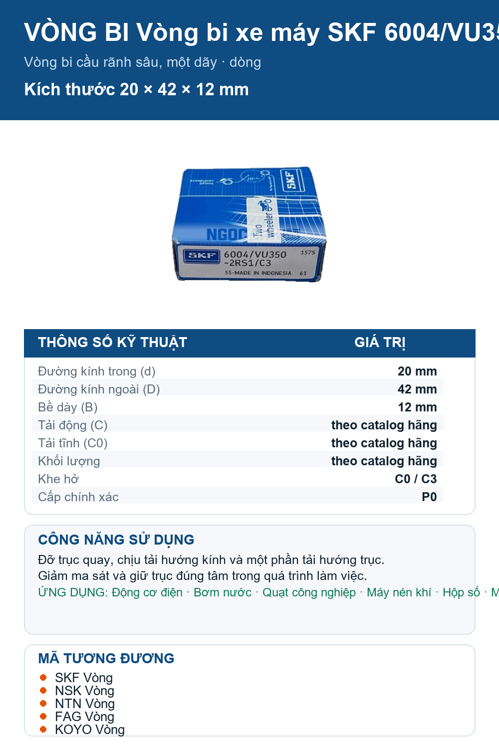 Vòng bi SKF 6004/VU350-2RS1/C3 20x42x12mm — Ảnh thông số (Pinterest)