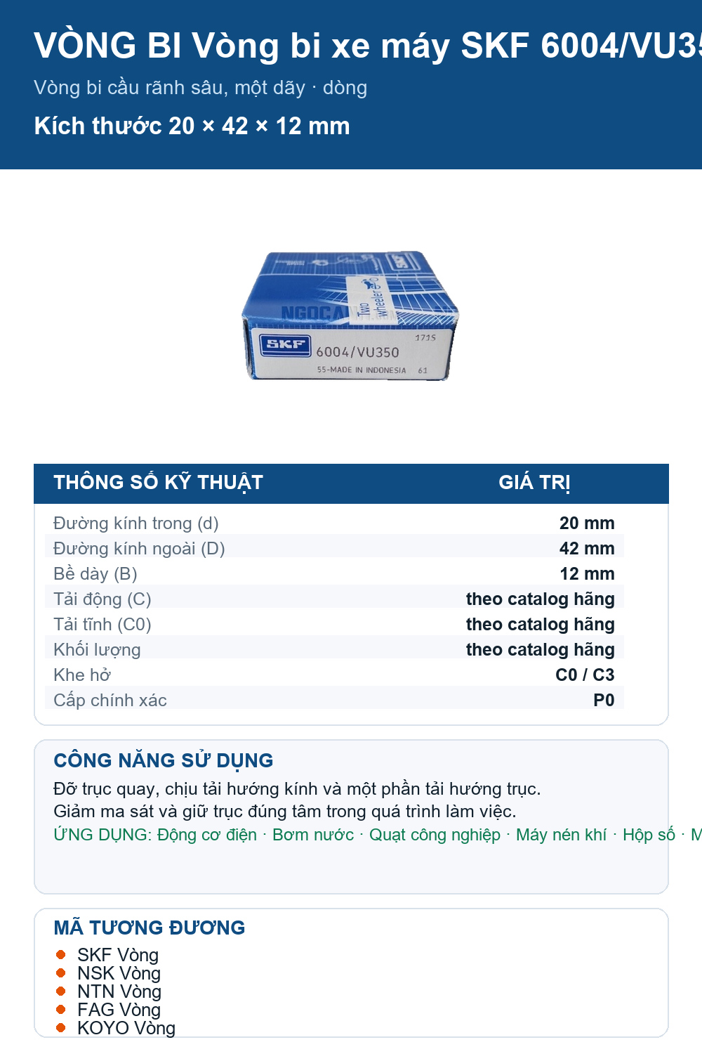 Vòng bi SKF 6004/VU350 20x42x12mm — Ảnh thông số (Pinterest)
