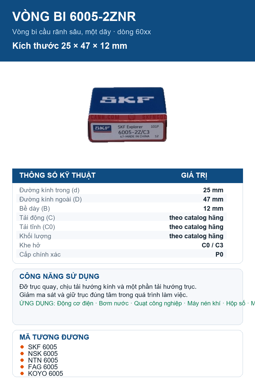 Vòng bi SKF 6005-2ZNR 25x47x12mm — Ảnh thông số (Pinterest)