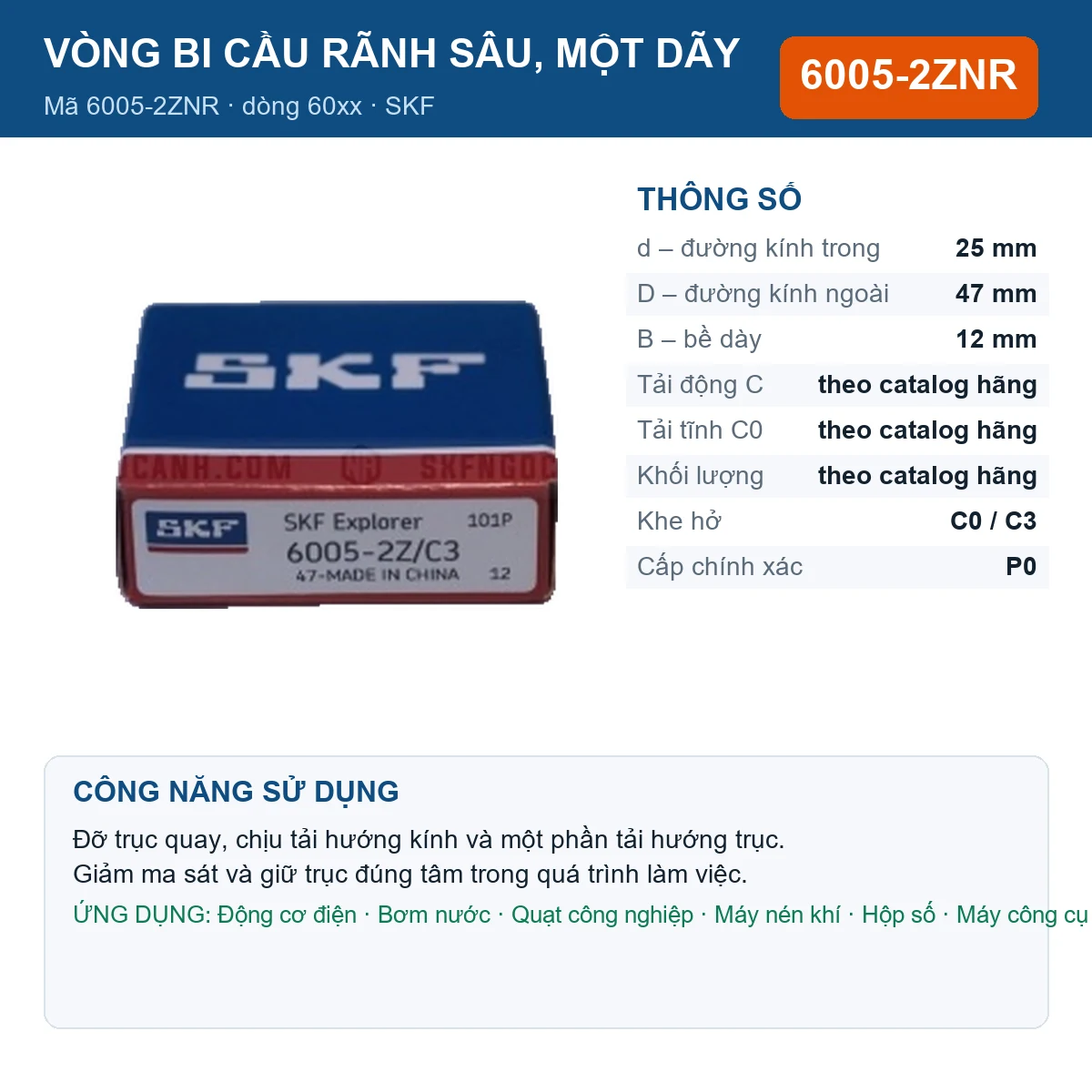 Vòng bi SKF 6005-2ZNR — kích thước 25x47x12mm