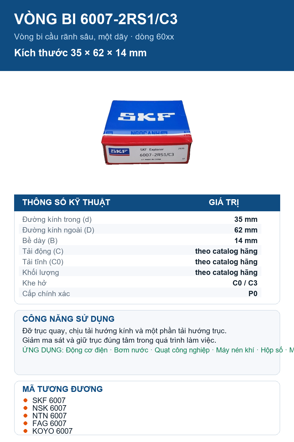 Vòng bi SKF 6007-2RS1/C3 35x62x14mm — Ảnh thông số (Pinterest)
