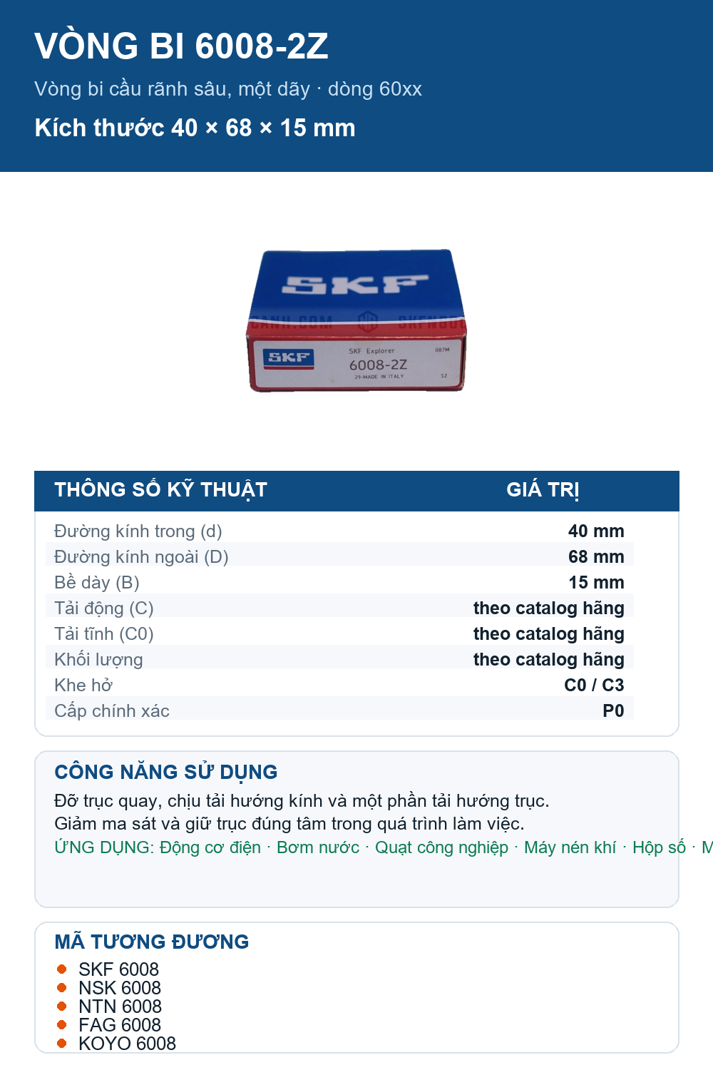 Vòng bi SKF 6008-2Z 40x68x15mm — Ảnh thông số (Pinterest)