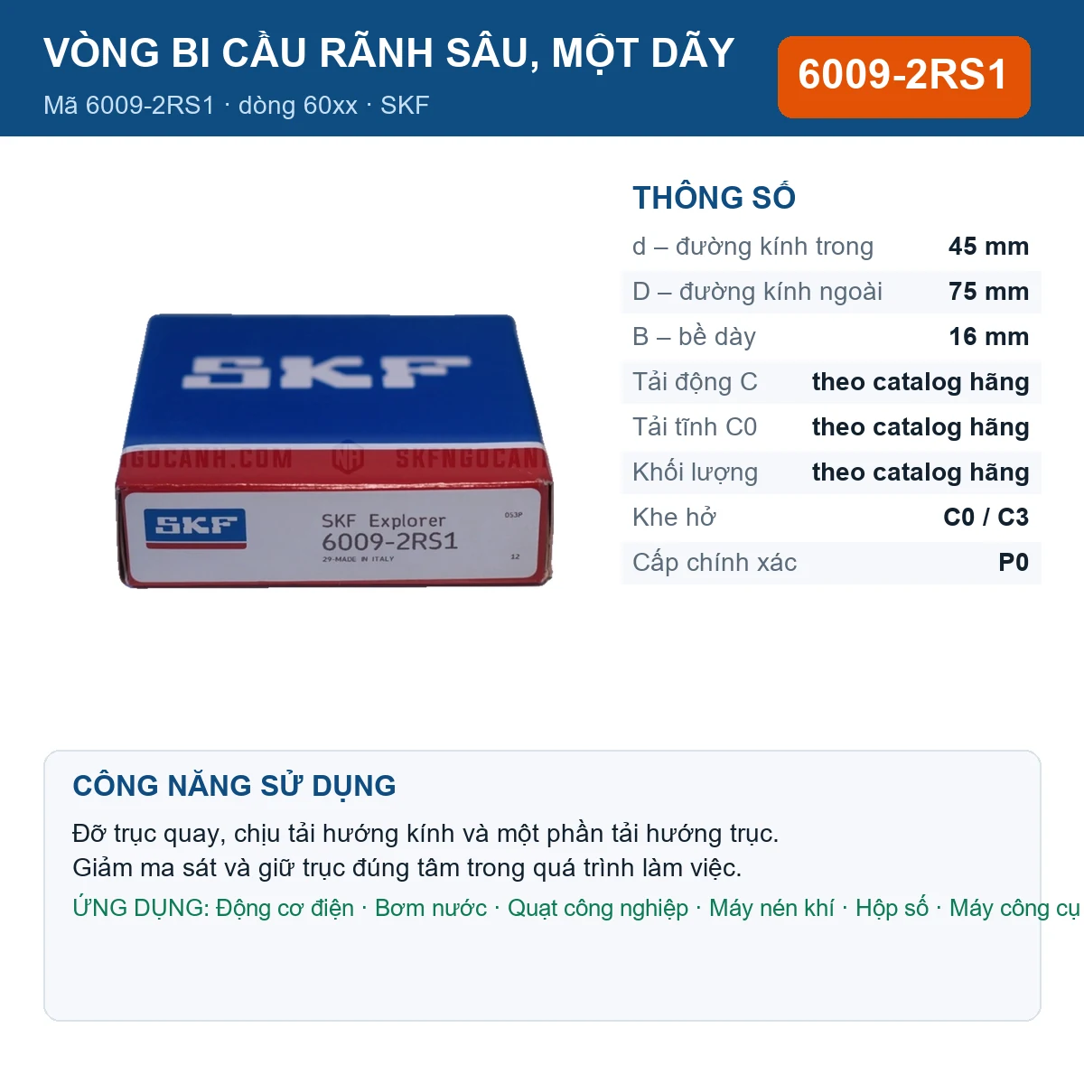 Vòng bi SKF 6009-2RS1 — kích thước 45x75x16mm