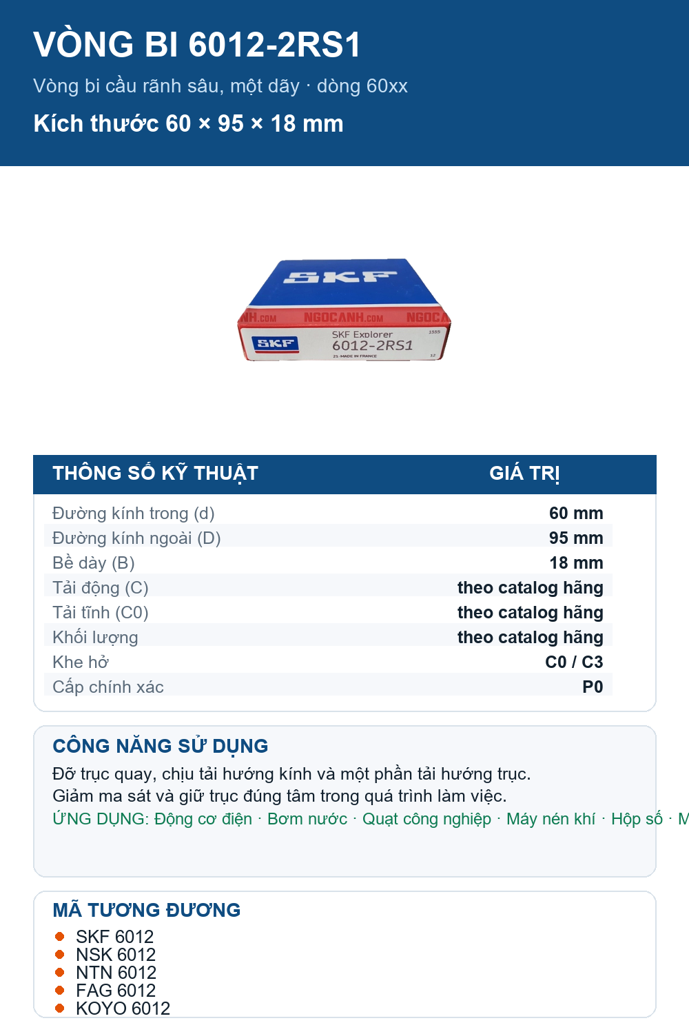 Vòng bi SKF 6012-2RS1 60x95x18mm — Ảnh thông số (Pinterest)