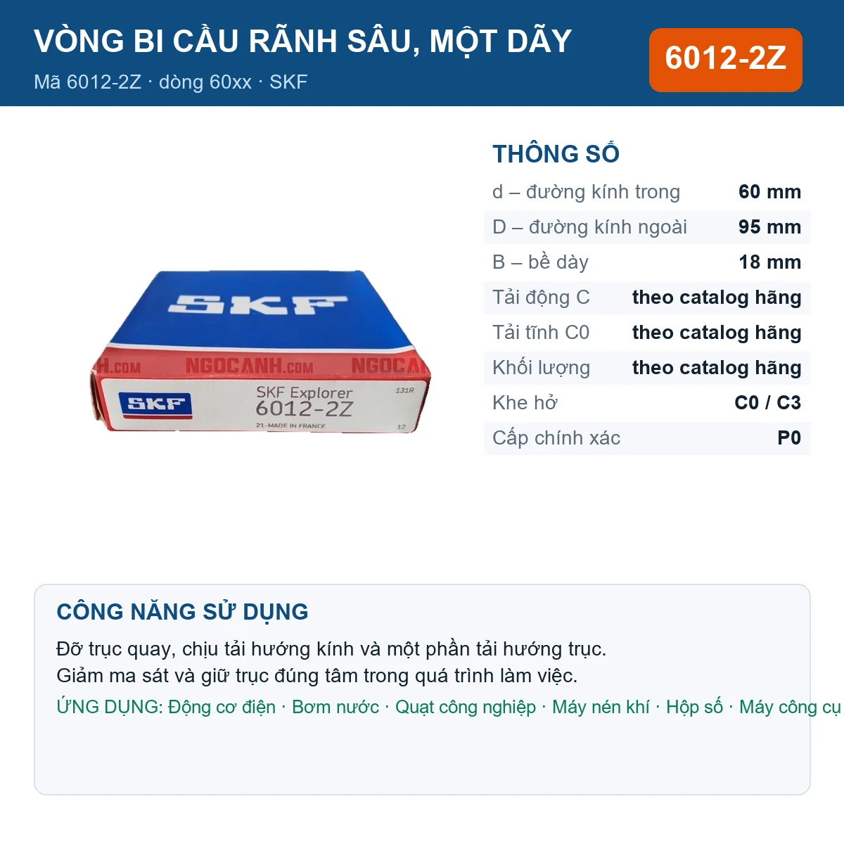Vòng bi SKF 6012-2Z — kích thước 60x95x18mm