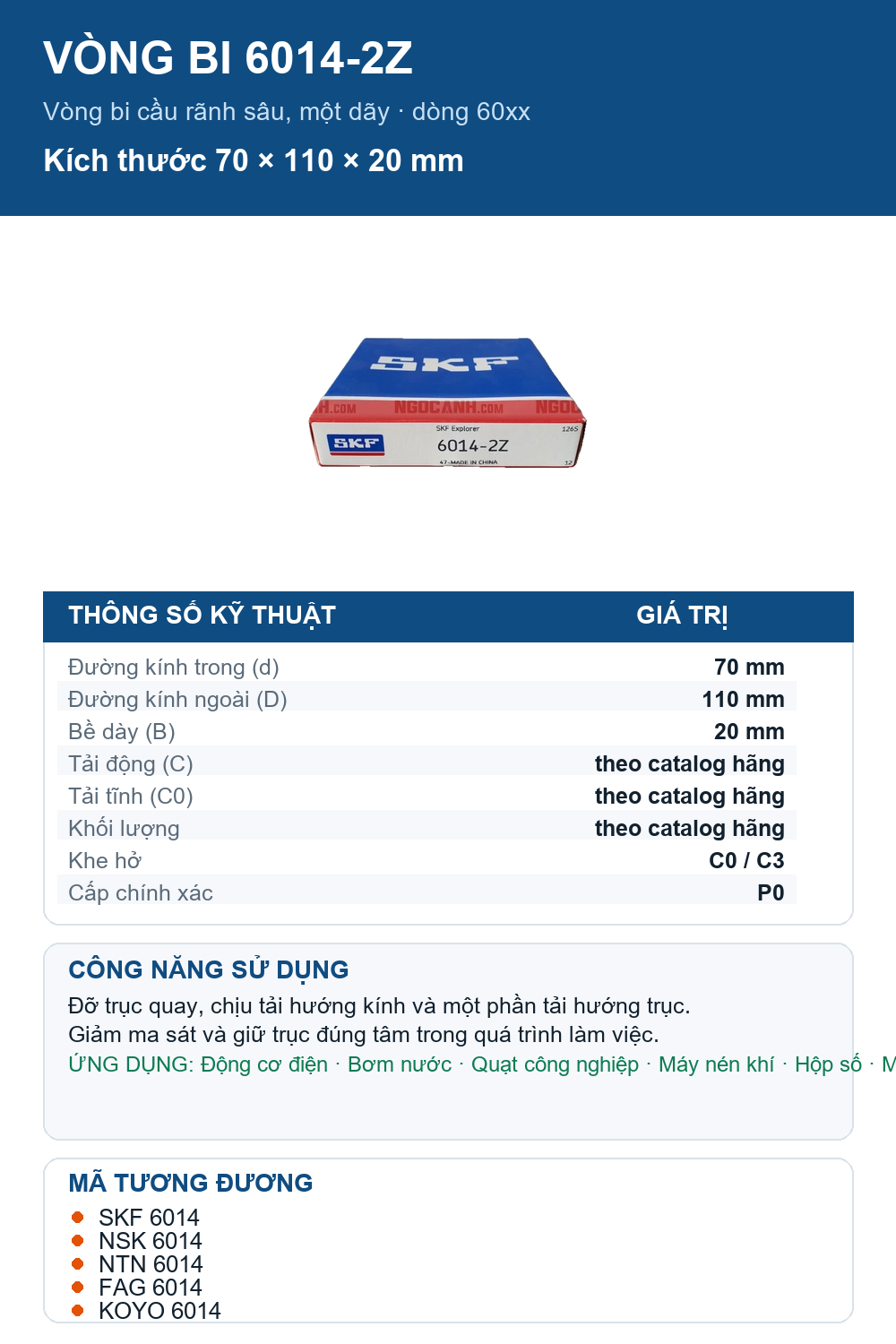 Vòng bi SKF 6014-2Z 70x110x20mm — Ảnh thông số (Pinterest)