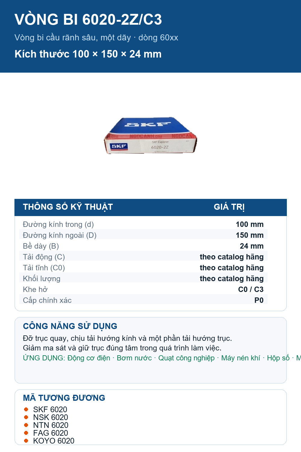 Vòng bi SKF 6020-2Z/C3 100x150x24mm — Ảnh thông số (Pinterest)
