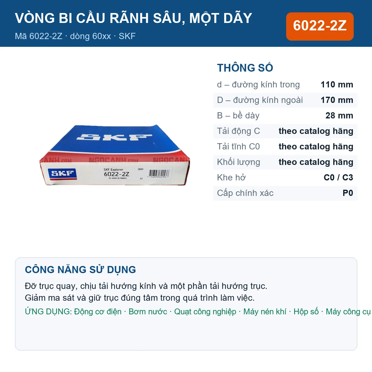 Vòng bi SKF 6022-2Z 110x170x28mm — Ảnh đăng sản phẩm (web)