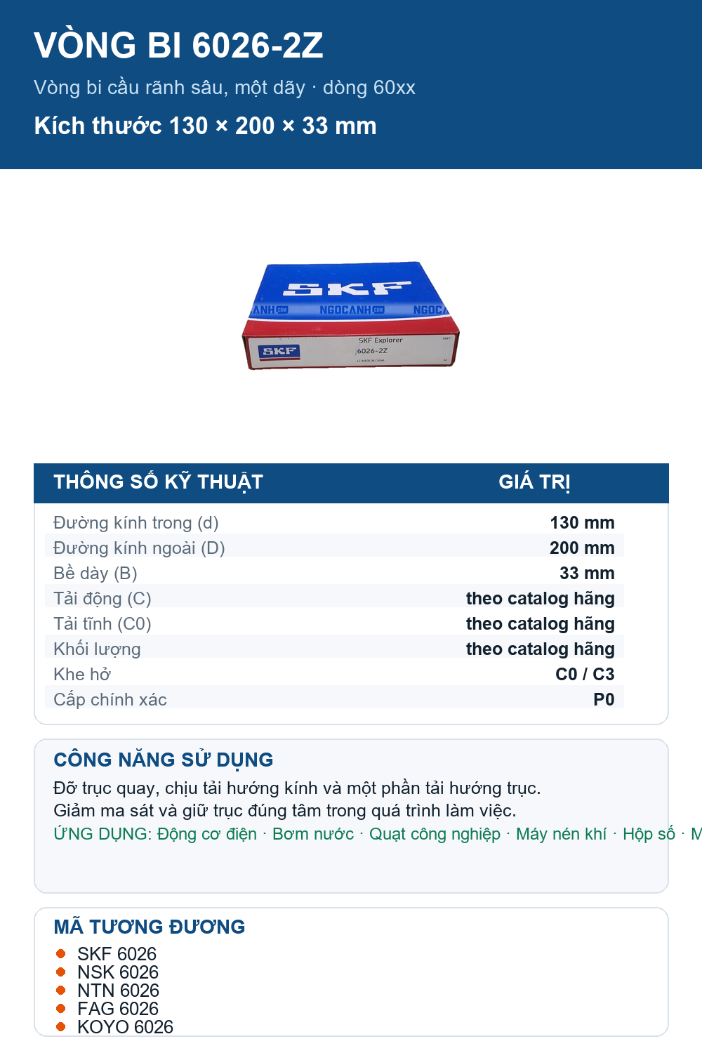 Vòng bi SKF 6026-2Z 130x200x33mm — Ảnh thông số (Pinterest)
