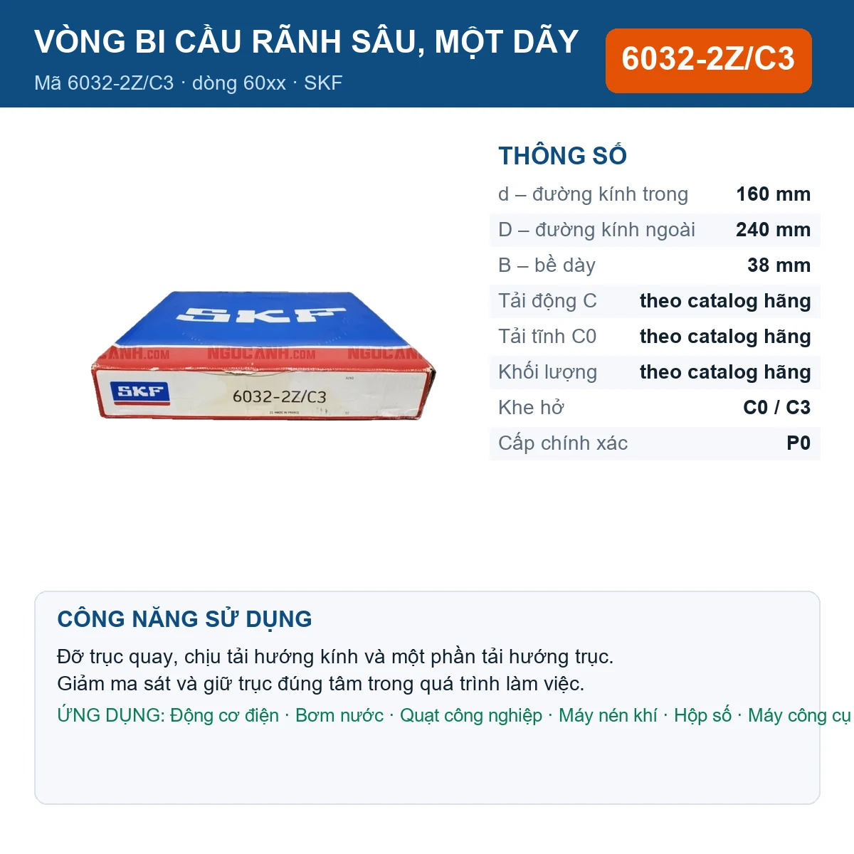 Vòng bi SKF 6032-2Z/C3 — kích thước 160x240x38mm