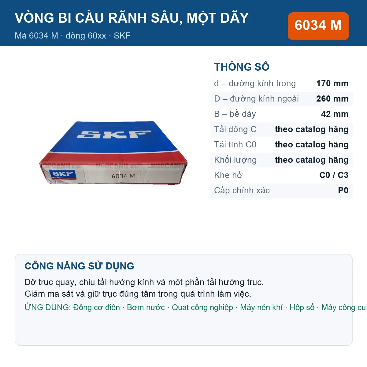 Vòng bi SKF 6034 M — kích thước 170x260x42mm