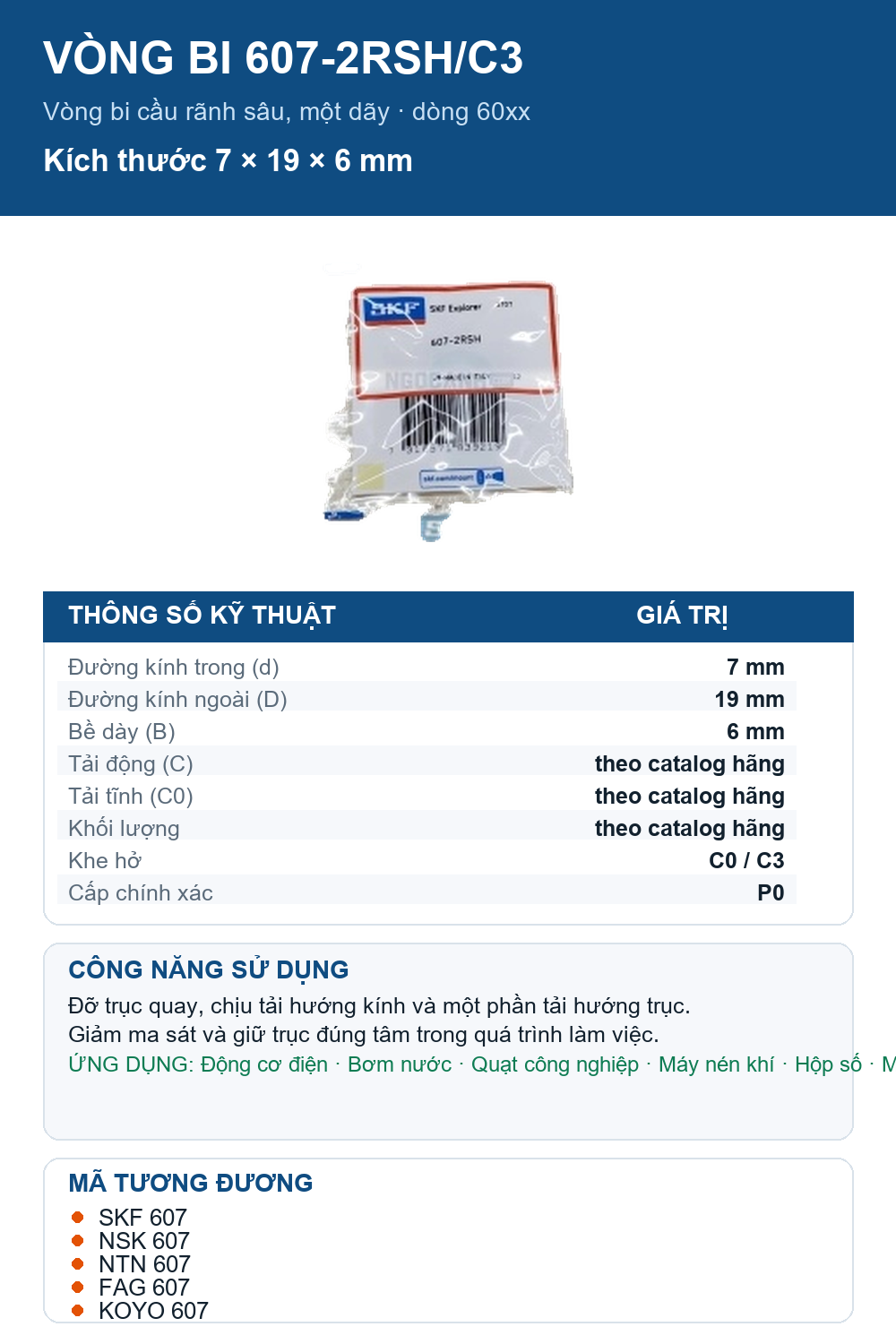 Vòng bi SKF 607-2RSH/C3 7x19x6mm — Ảnh thông số (Pinterest)