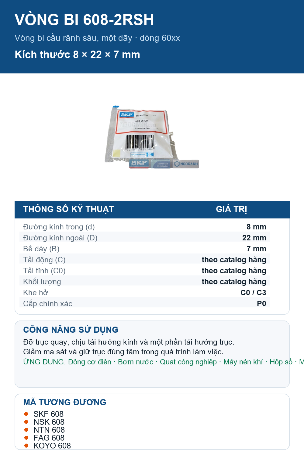 Vòng bi SKF 608-2RSH 8x22x7mm — Ảnh thông số (Pinterest)