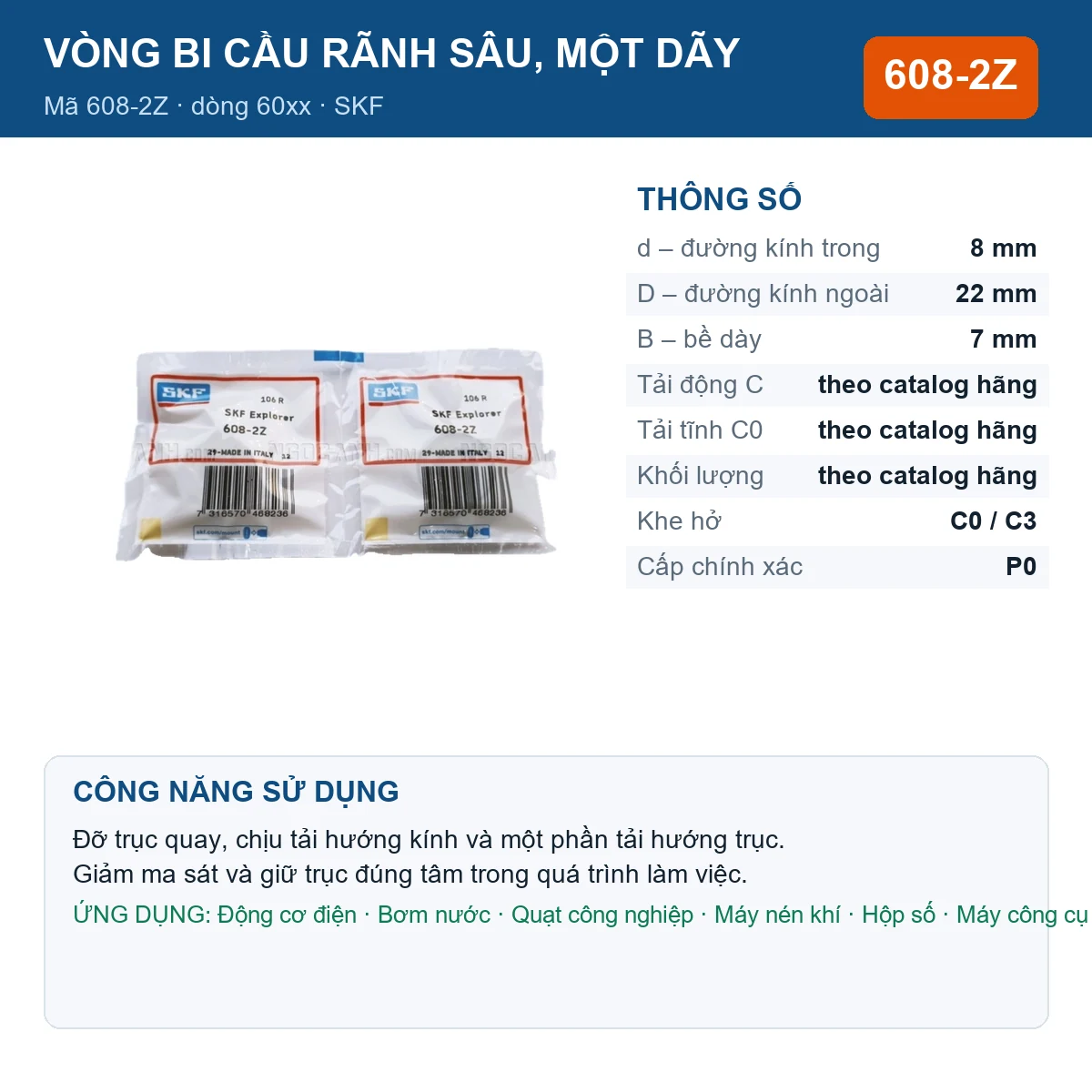 Vòng bi SKF 608-2Z — kích thước 8x22x7mm