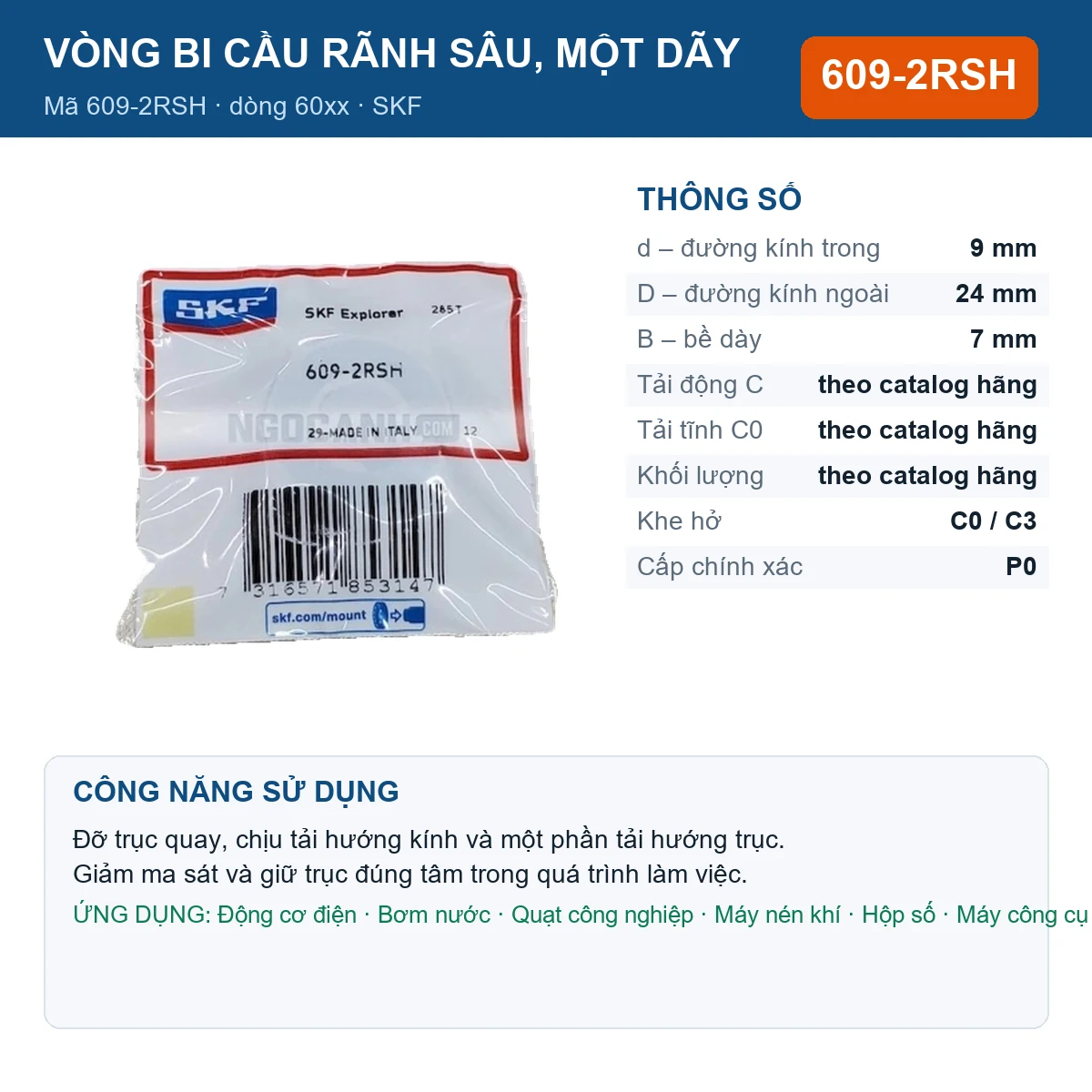 Vòng bi SKF 609-2RSH — kích thước 9x24x7mm