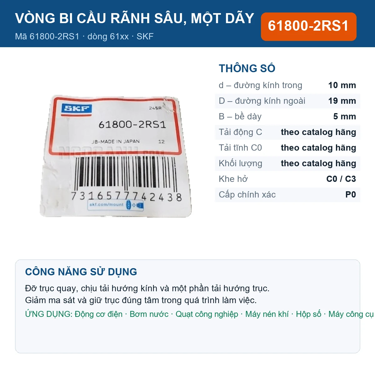 Vòng bi SKF 61800-2RS1 — kích thước 10x19x5mm