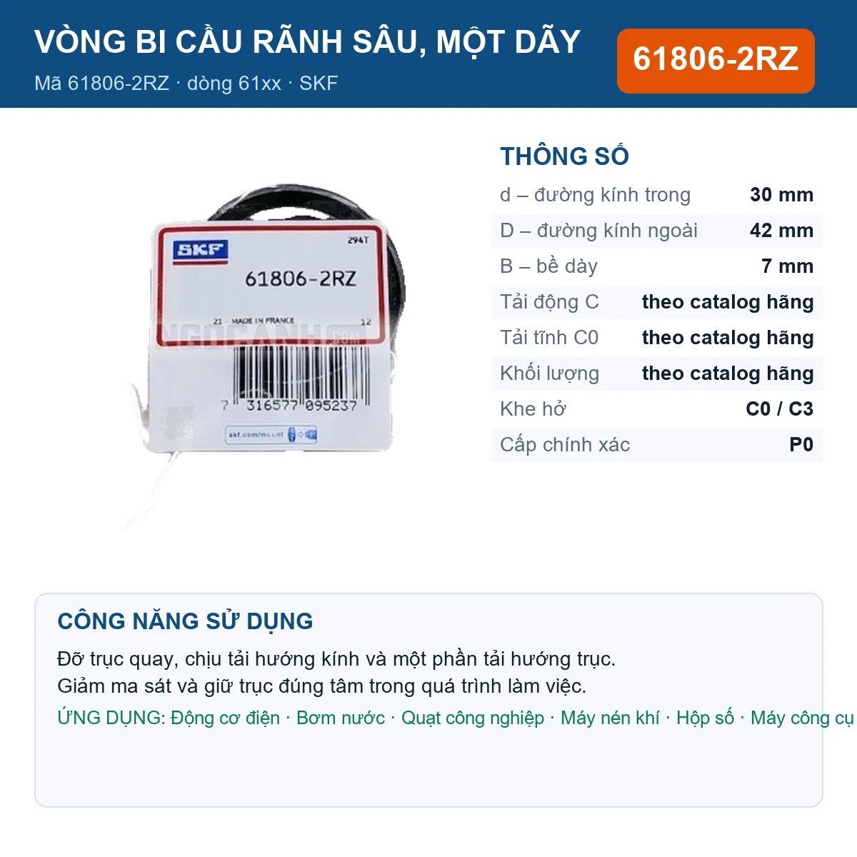 Vòng bi SKF 61806-2RZ — kích thước 30x42x7mm