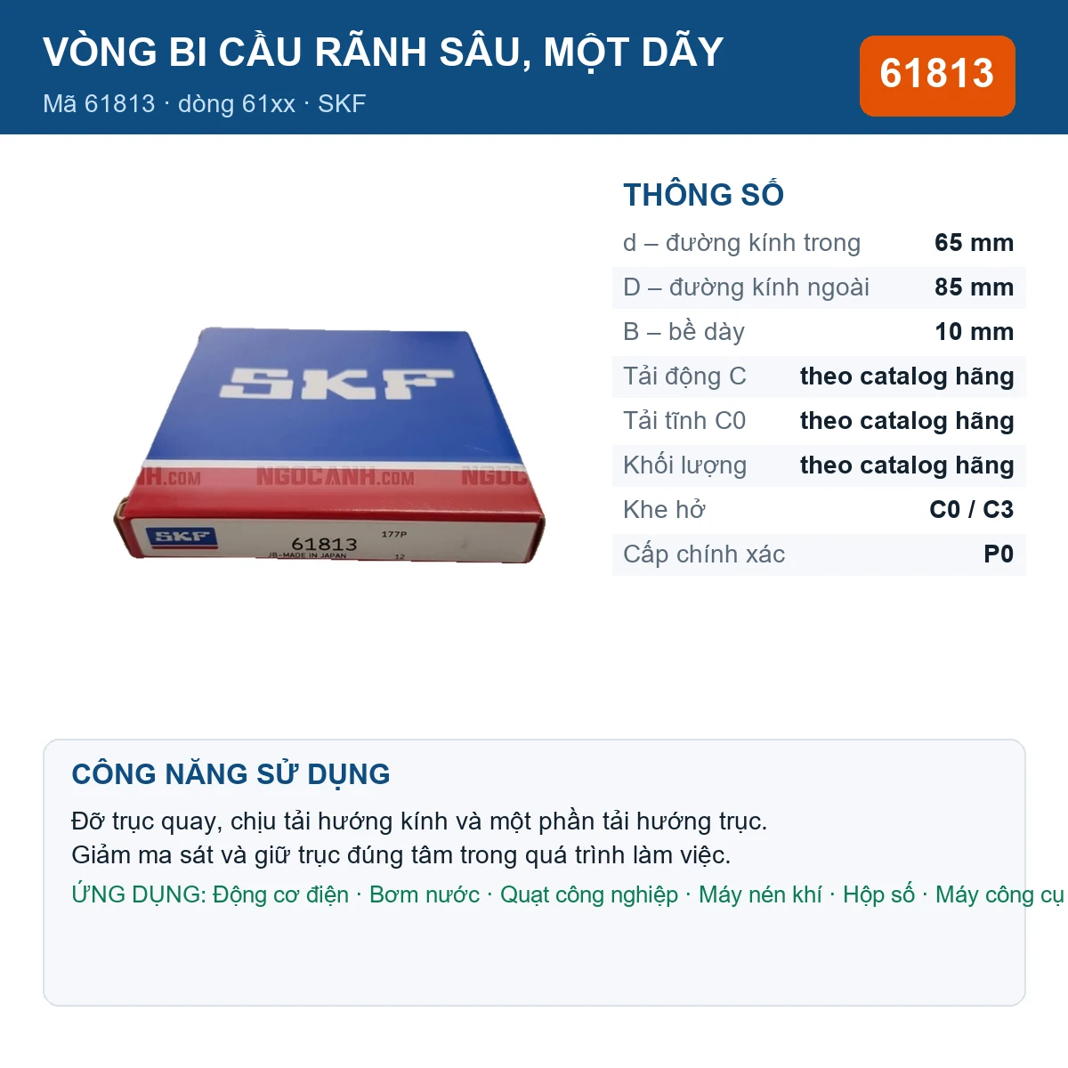 Vòng bi SKF 61813 — kích thước 65x85x10mm