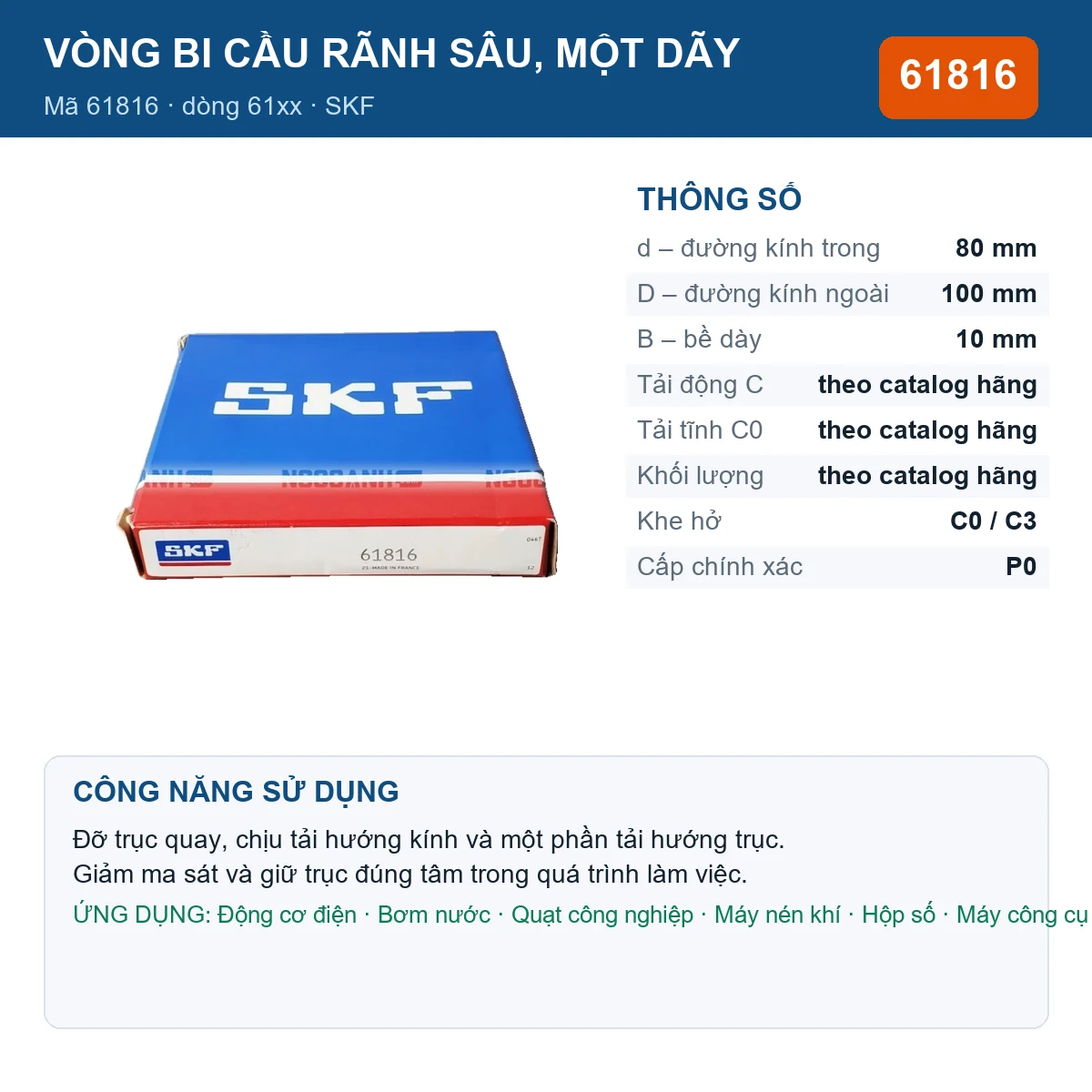 Vòng bi SKF 61816 — kích thước 80x100x10mm
