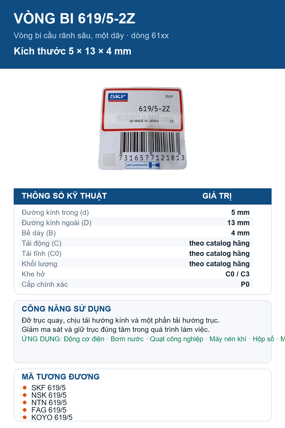Vòng bi SKF 619/5-2Z 5x13x4mm — Ảnh thông số (Pinterest)
