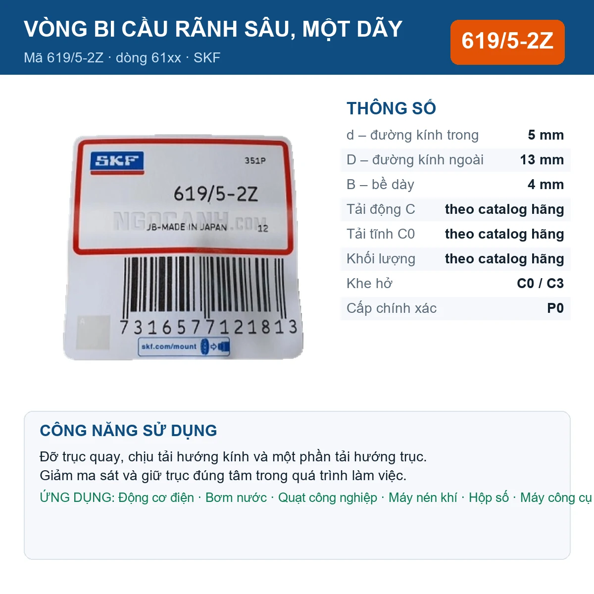 Vòng bi SKF 619/5-2Z — kích thước 5x13x4mm
