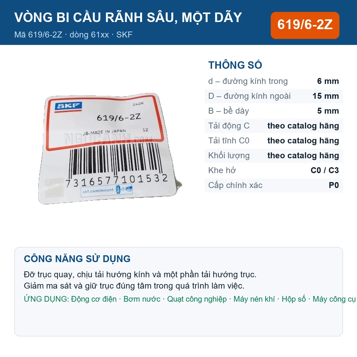 Vòng bi SKF 619/6-2Z — kích thước 6x15x5mm